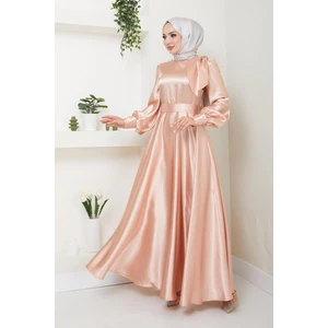 Ayşe Melek Tasarım Saten Fiyonklu Uzun Tesettür Abiye Elbise 2745