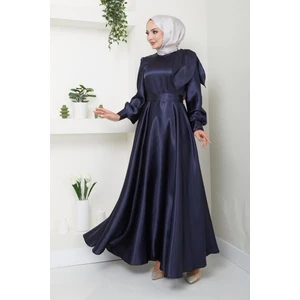 Ayşe Melek Tasarım Saten Fiyonklu Uzun Tesettür Abiye Elbise 2745