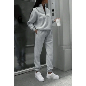 Kadın Gri Fermuar Detay Dik Yaka Alt Üst Eşofman Takım