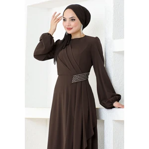 Ayşe Melek Tasarım Kemeri Taşlı Asimetrik Krep Tesettür Abiye Elbise 2597