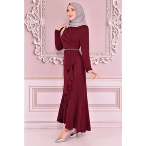 Eteği Volanlı Kemeri Taşlı Tesettür Abiye Elbise 2497