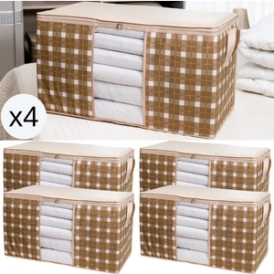 4 Adet Büyük Boy Pencereli Kare Desenli Ekose Bej Yastık Yorgan Düzenleyici Hurç Seti 75X40X40 cm