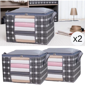 2 Adet Orta Boy Pencereli Kare Desenli Ekose Gri Kazak Pike Battaniye Düzenleyici Hurç Seti 45X40X30 cm