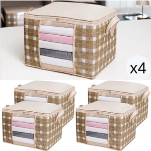 4 Adet Orta Boy Pencereli Kare Desenli Ekose Bej Kazak Pike Battaniye Düzenleyici Hurç Seti 45X40X30 cm