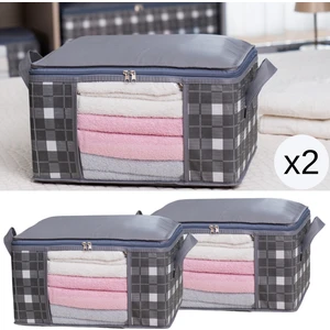 2 Adet Küçük Boy Pencereli Kare Desenli Ekose Gri Dolap Içi Baza Altı Valiz Içi Düzenleyici Hurç Seti 40X30X20 cm