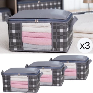 3 Adet Küçük Boy Pencereli Kare Desenli Ekose Gri Dolap Içi Baza Altı Valiz Içi Düzenleyici Hurç Seti 40X30X20 cm