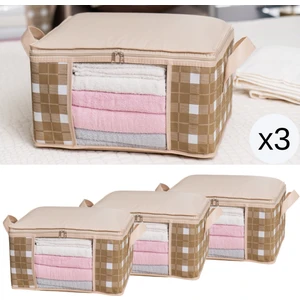 2 Adet Küçük Boy Pencereli Kare Desenli Ekose Bej Dolap Içi Baza Altı Valiz Içi Düzenleyici Hurç Seti 40X30X20 cm