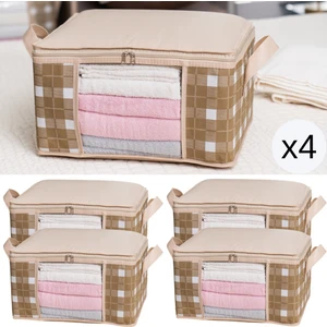 4 Adet Küçük Boy Pencereli Kare Desenli Ekose Bej Dolap Içi Baza Altı Valiz Içi Düzenleyici Hurç Seti 40X30X20 cm