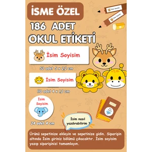 Burak Baskı Tasarım Hayvanlar Temalı Okul Etiketi, Kalem, Defter, Kitap Etiketi, Isme Özel Yazılabilen 186 Adet- E-003