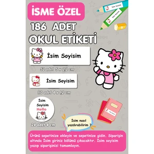 Burak Baskı Tasarım Hello Kitty Temalı /isme Özel Etiket / Okul Etiketi , Kalem Defter Kitap Etiketi 186 Adet/ E-002