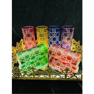El Işi  Renkli 6'lı  Kristal Kesme Işlemeli Kahve Yanı Sunum Bardağı