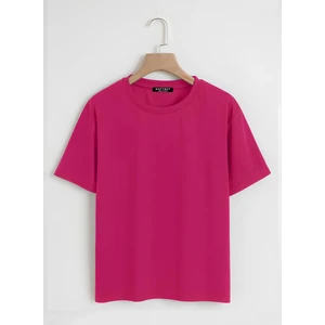 Unisex Oversize Bisiklet Yaka Düz Basic T-Shirt - Fuşya