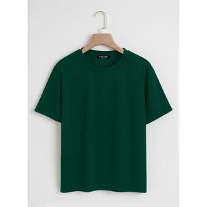 Unisex Oversize Bisiklet Yaka Düz Basic T-Shirt - Koyu Yeşil