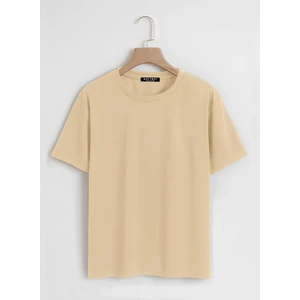 Unisex Oversize Bisiklet Yaka Düz Basic T-Shirt - Bej