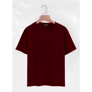 Unisex Oversize Bisiklet Yaka Düz Basic T-Shirt - Bordo