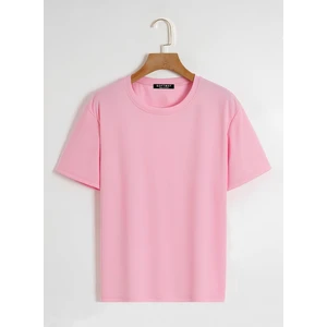 Unisex Oversize Bisiklet Yaka Düz Basic T-Shirt - Pembe