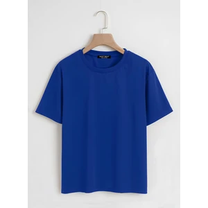 Unisex Oversize Bisiklet Yaka Düz Basic T-Shirt - Saks Mavisi
