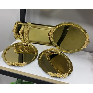 Elzem Tepsi Gold Renk 3 Adet Oval 3 Adet Dikdörtgen Kulplu Model Servis ve Sunum Tepsisi