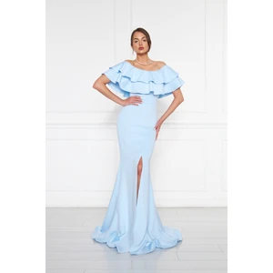 Kadın Carmen Yaka Yırtmaçlı Esnek Kumaş Düşük Omuz Maxi Boy Balık Abiye Elbise