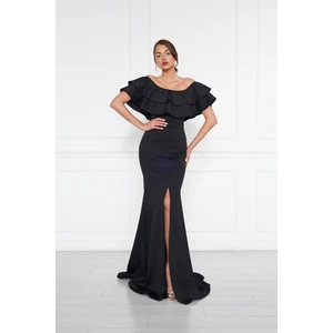 Kadın Carmen Yaka Yırtmaçlı Esnek Kumaş Düşük Omuz Maxi Boy Balık Abiye Elbise