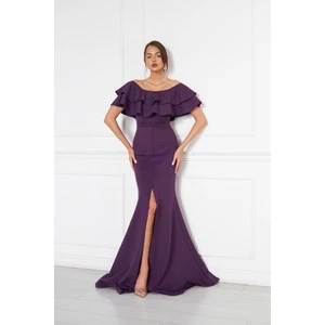 Kadın Carmen Yaka Yırtmaçlı Esnek Kumaş Düşük Omuz Maxi Boy Balık Abiye Elbise