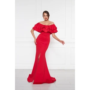 Kadın Carmen Yaka Yırtmaçlı Esnek Kumaş Düşük Omuz Maxi Boy Balık Abiye Elbise