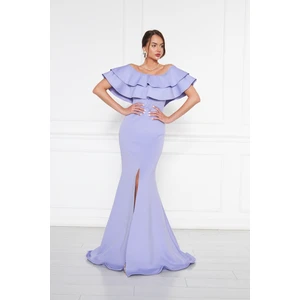 Kadın Carmen Yaka Yırtmaçlı Esnek Kumaş Düşük Omuz Maxi Boy Balık Abiye Elbise