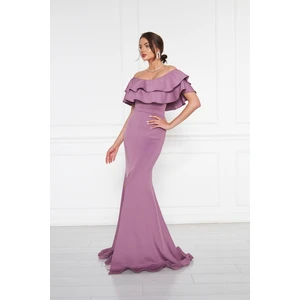 Kadın Carmen Yaka Yırtmaçlı Esnek Kumaş Düşük Omuz Maxi Boy Balık Abiye Elbise