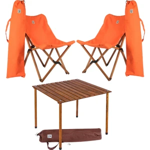 Bag The Joy Ahşap Katlanır Masa Sandalye Seti Kahverengi - Turuncu Kılıf 70X70X55 Kahverengi Masa