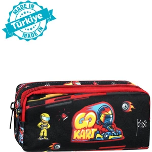 Lisanslı Siyah-Kırmızı Go Kart Desenli 2 Cepli Kalem Kutusu