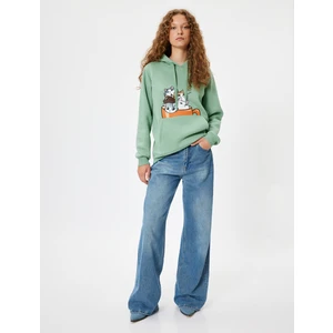 Oversize Kapüşonlu Sweatshirt Kedi Baskılı Kanguru Cepli Şardonlu