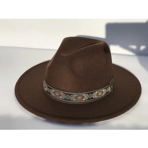 Nuit Design Kahverengi Fötr Şapka // Etnik Desenli Şapka