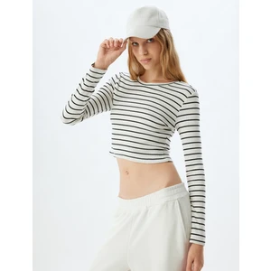 Çizgili Crop Tişört Uzun Kollu Bisiklet Yaka Slim Fit