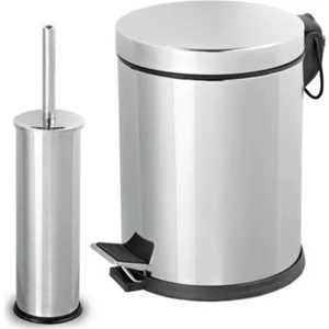 Paslanmaz Pedallı 5 Lt Çöp Kovası - Klozet Fırçası 2'li Banyo Seti