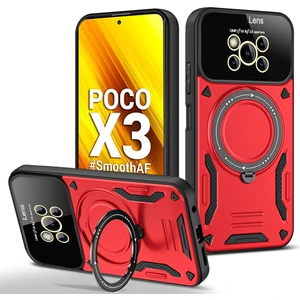 Xiaomi Poco X3 Nfc / X3 Pro Için Çift Katmanlı Manyetik Halka Lens Standı Telefon Kılıfı - Kırmızı (Yurt Dışından)