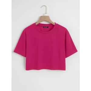 Kadın Oversize Bisiklet Yaka Düz Crop T-Shirt - Fuşya