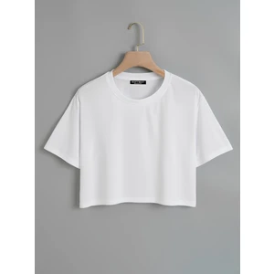 Kadın Oversize Bisiklet Yaka Düz Crop T-Shirt - Beyaz