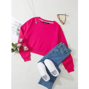 Kadın Basic Crop Içi Polarlı Oversize Sweatshirt - Fuşya