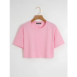 Kadın Oversize Bisiklet Yaka Düz Crop T-Shirt - Pembe