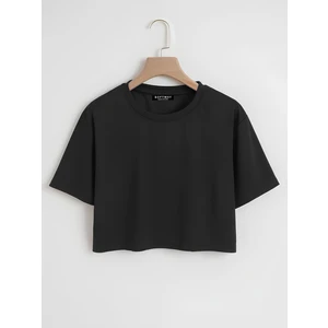 Kadın Oversize Bisiklet Yaka Düz Crop T-Shirt - Siyah