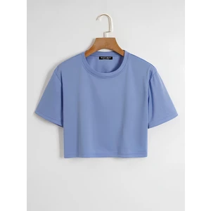 Kadın Oversize Bisiklet Yaka Düz Crop T-Shirt - Mavi