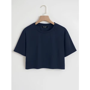 Kadın Oversize Bisiklet Yaka Düz Crop T-Shirt - Lacivert