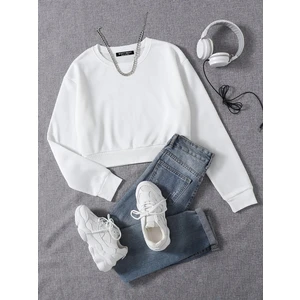 Kadın Basic Crop Içi Polarlı Oversize Sweatshirt - Ekru