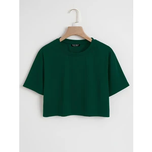 Kadın Oversize Bisiklet Yaka Düz Crop T-Shirt - Yeşil