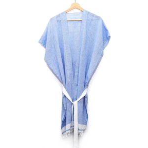 Beyaz Kuşaklı Mavi Pamuk Peştemal Kimono