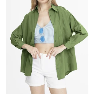 Kadın Oversize Uzun Basic Gömlek - Haki