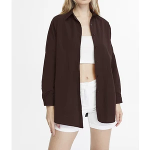 Kadın Oversize Uzun Basic Gömlek - Kahverengi
