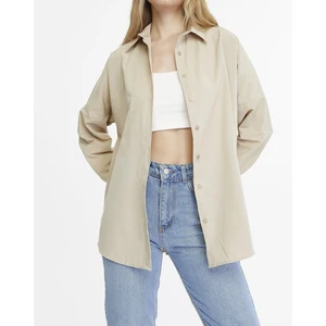 Kadın Oversize Uzun Basic Gömlek - Koyu Krem