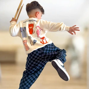 Lolli Boom Kids  Yeni Sezon Pötükareli Şalvar Düşük Ağ Eşofman Altı Krem Renk Baskılı Sweatshirt  Eşofman Takımı