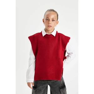 Kız Çocuk Kırmızı Bisiklet Yaka Basic Düz Triko Süveter C9660A824WN